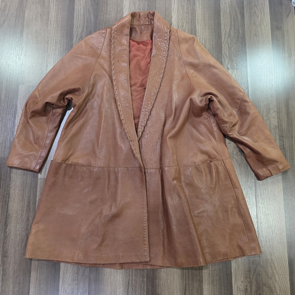 Vintage Soft Leather Patina Swing Coat Whipstitch Western Boho Penny Lane Coat.S